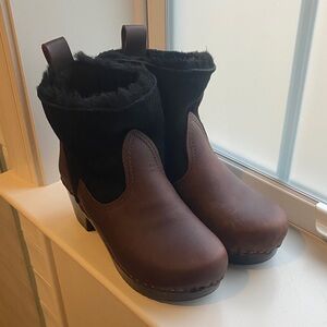 No. 6 Brown and Black Shearling Clogs